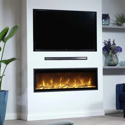 Dimplex Ignite Evolve 100 - Flexible electric fireplace with heat settings and flame effects Dimplex Ignite Evolve 100 - Electric fireplace with tumbled glass and driftwood